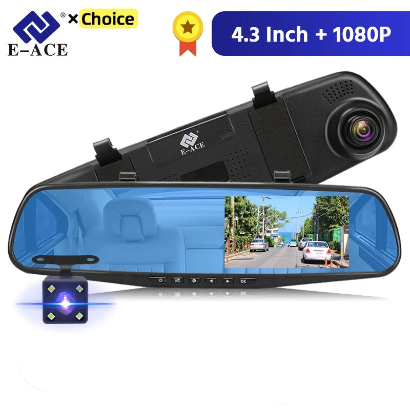 E-ACE Dashcam Car Dvr 4.3 Inch Mirror FHD 1080P Camera Dual Lens DVR  Rearview Mirror Dash Camera Car Video Recorder Auto