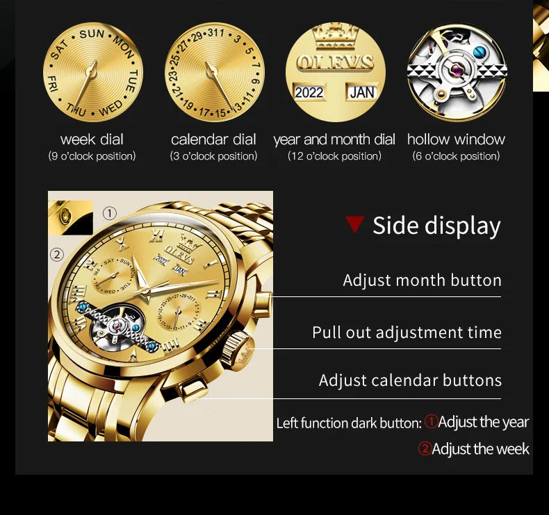 OLEVS Automatic Mechanical Watch for Men Date Calendar Skeleton Wristwatch Stainless Steel Classic Men's Watch Reloj Hombre 6607