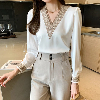 2024 Women Elegant Chiffon Shirts New Fashion White V Neck Casual Loose Long Sleeve Blouses Office Lady Tops Female Blusas 13366