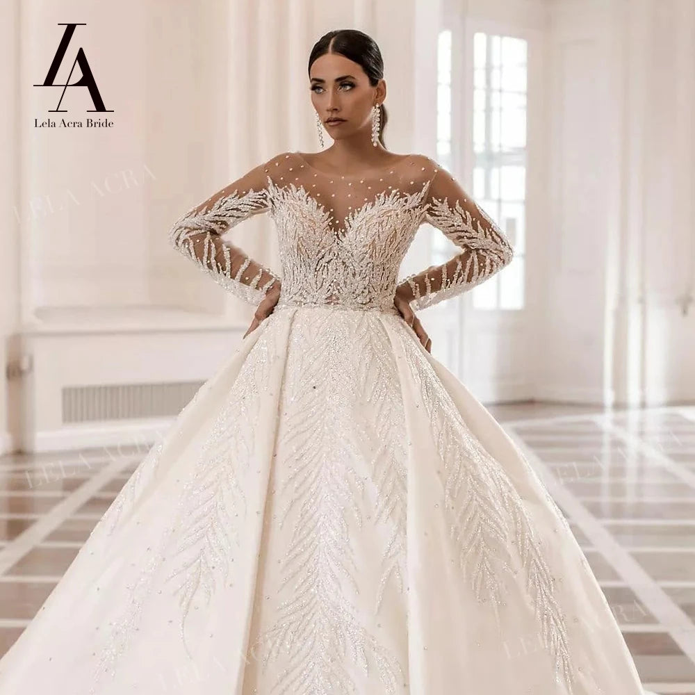 LelaAcra Long Sleeve Wedding Dress 2024 Sweetheart Beaded Backless A-Line Princess Bride Gown SM72 Plus Size Vestido de Noiva