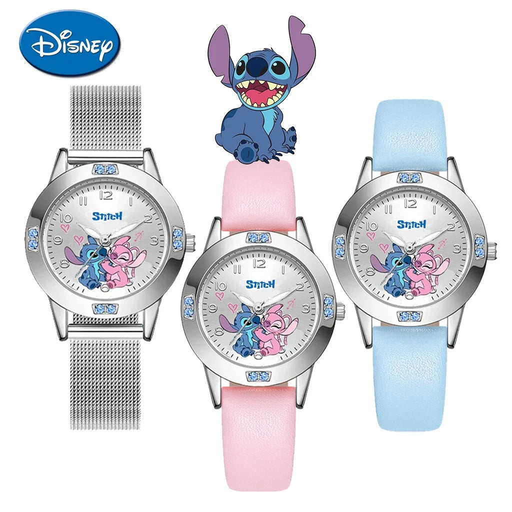 Disney Stitch Girl's Watches Diamond Quartz Watch for Women Stich Cartoon Leather Wristwatches Fashion Steel Belt Watch Gift