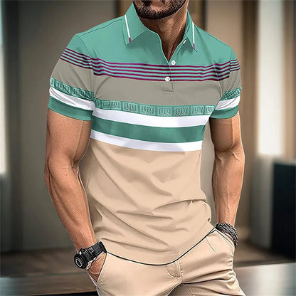 2024 New Men's Minimalist Striped Summer Short Sleeved Lapel 3D Digital Printed Polo Shirt for Men's Business and Leisure Tops