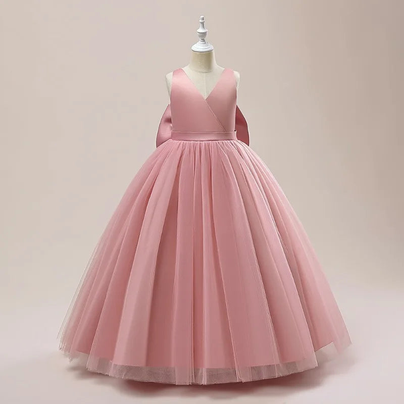 Girls Dress Pink Mesh Big Bow Girl Party Long Dresses Children Princess Ball Gown Dress Sleeveless Kids Wedding  Birthday Dress