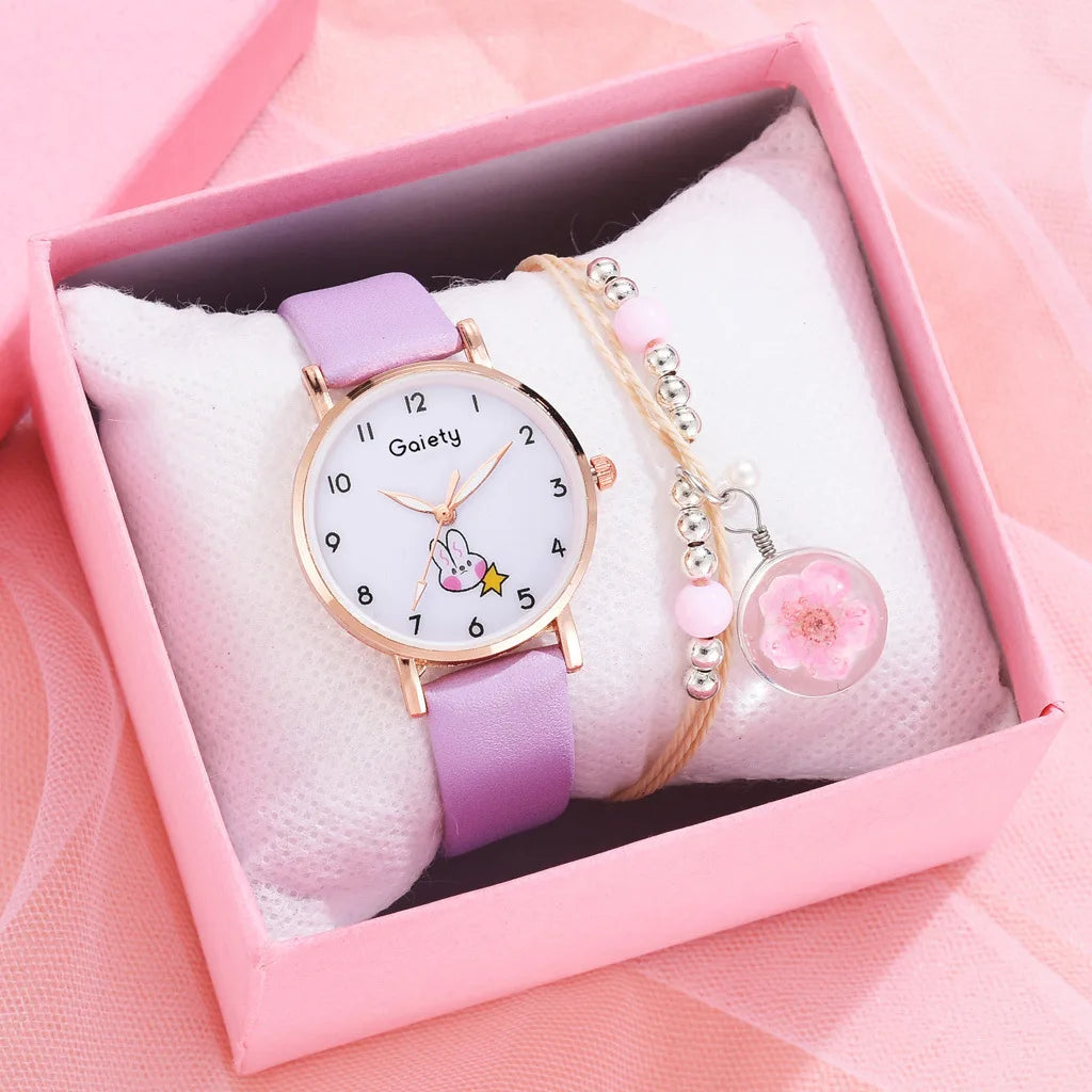 New 5pcs Women Watch Bracelet Set Leather Cute Rabbit Girls Wristwatch Fashion Ladies Quartz Clock Reloj Mujer Students' Gift