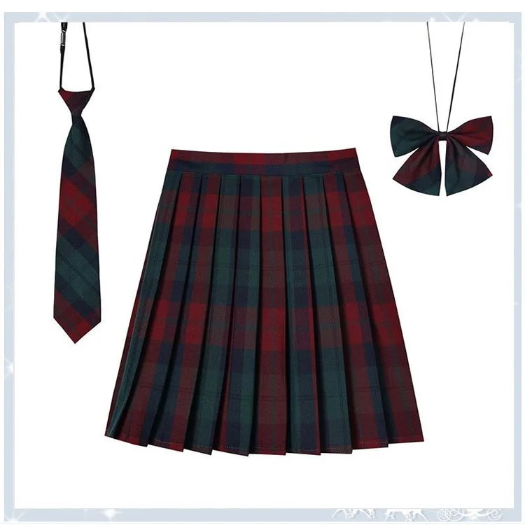 Women Plaid Pleat Skirt With Necktie Bowtie