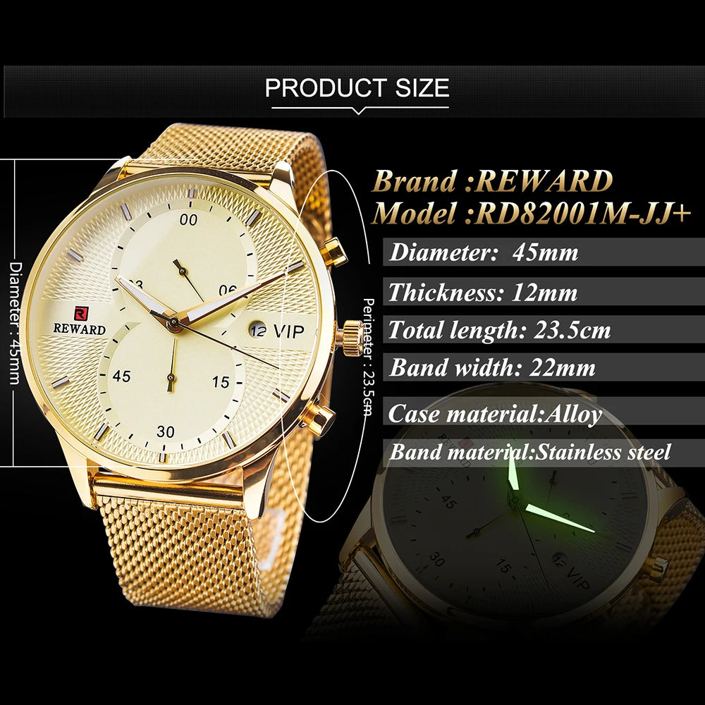 REWARD Classic Gold Wrist Watches For Top Brand Luxury Business Date Waterproof Luminous Stainless Steel Men Quartz Wristwatch