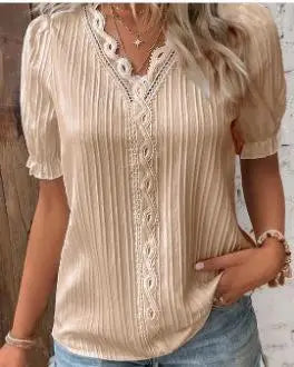 Women's Summer New Top 2024 Solid Sexy V-Neck Hollow Short Sleeve Shirt Fashion Splice Plus Size Blouse Loose Street Apparel