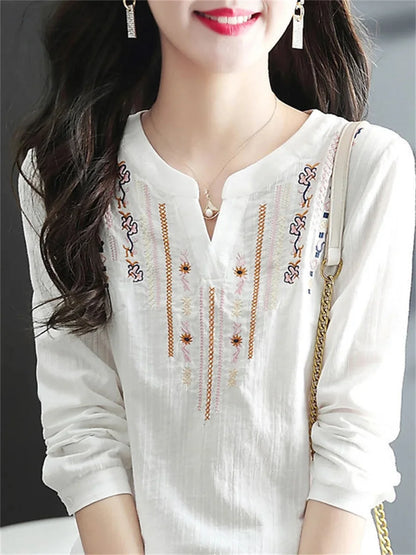 Women Spring Autumn White Blouses Tops Lady Casual Embroidery V-Neck Long Sleeve Vintage Loose Blusas Top