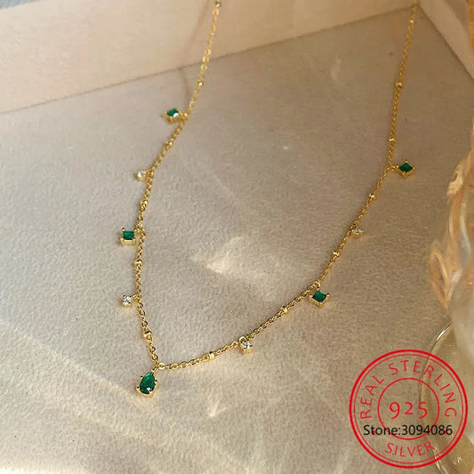 MEEKCAT 925 Sterling Silver 4A Green Zircon Choker Necklace for Women Chic Elegant Mori Style Luxury Necklace Festival Jewelry