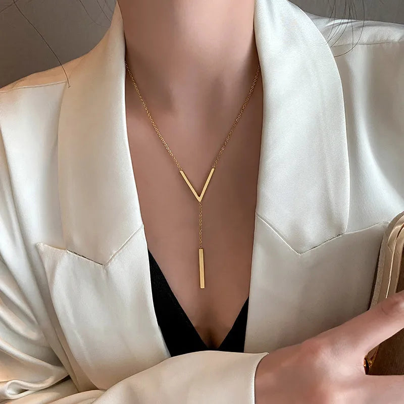 hStainless steel V-shaped long sexy Clavicle Necklace Ladies and girls stainless steel Gold colour chain Necklace  Party jewelry