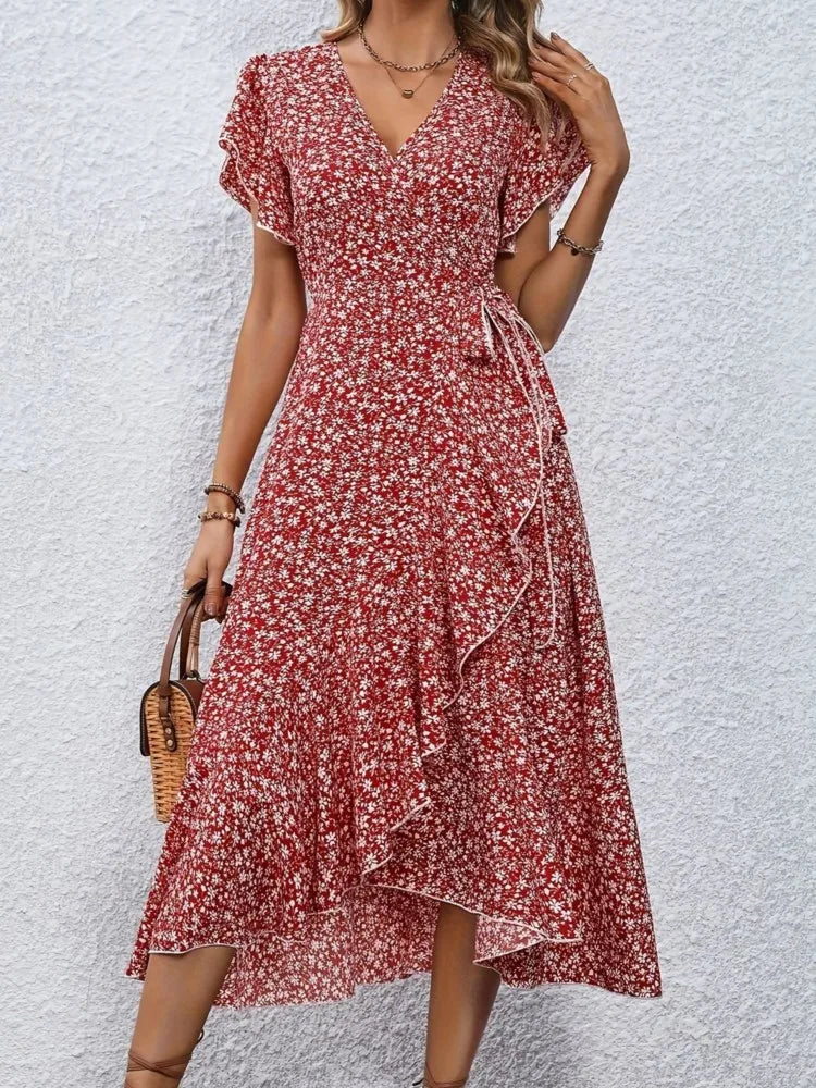 Summer Women's Flower Flowy Split Midi Dress Fashion V Neck Short Sleeve Irregular Dresses Boho Beach Holiday Sundress Robe