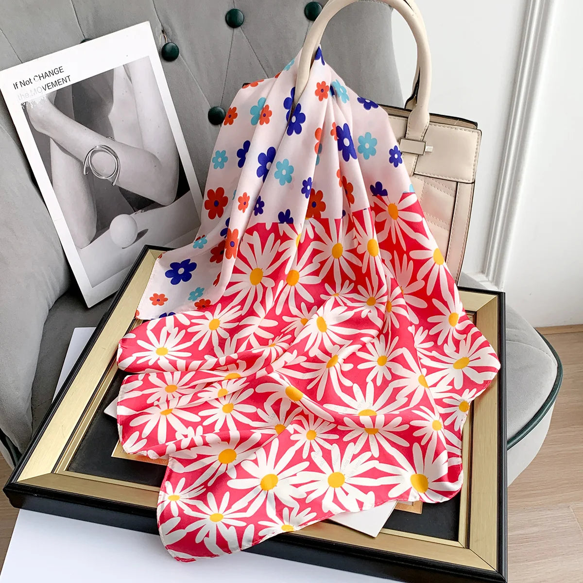 Little Daisy Prints Women's Sweet Silk Polyester Square Scarf 70cm 2023 Fashion Flowers Wraps Scarves Neckerchief Multifunction