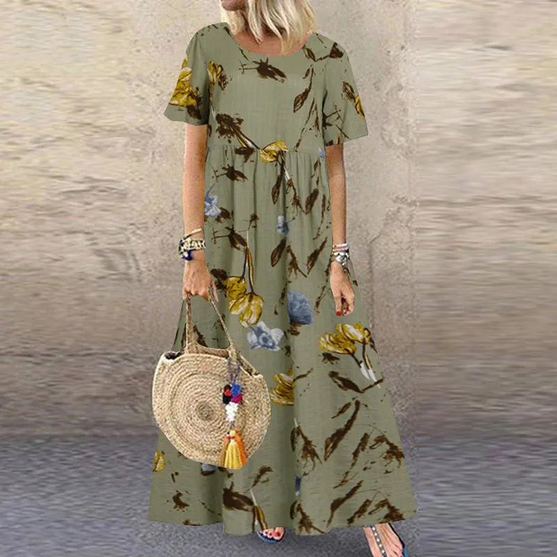 Stand-alone Women's Retro Floral Print Short-sleeved Round-neck Dress