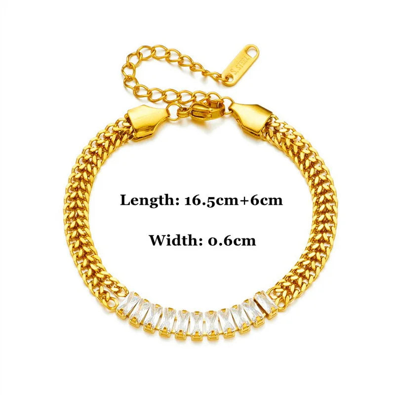 316L Stainless Steel New Fashion Upscale Jewelry 2 Rows Embedded Zircon Crystal Charm Thick Chain Bracelets Bangles For Women