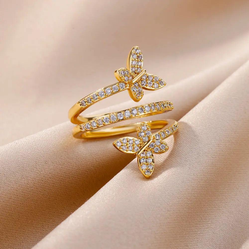 Zircon Double Butterfly Rings For Women Stainless Steel Gold Color Open Multilayer Ring Fashion Wedding Party Jewelry 2024 New