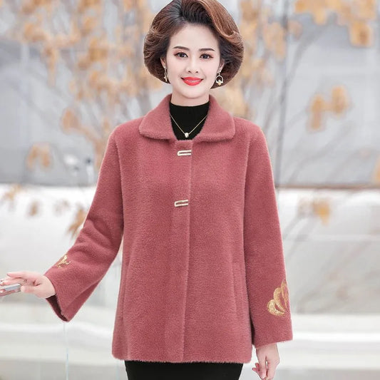 2025 New Mother's Women's Winter Imitation Mink Velvet Coat Jacket Female 40-Year-old 50-Year-old Fur Coat Overcoat