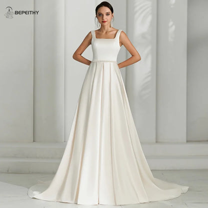 BEPEITHY Customized 2024 Square A Line Wedding Dresses Sweep Train Open Back Vintage Bride Ivory Bridal Gown Vestidos De Novias