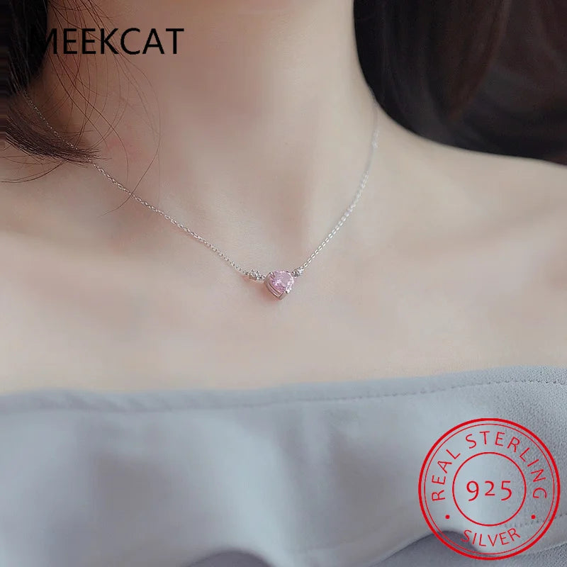 925 Sterling Silver Pink Zircon Love Heart Necklace for Women Fashion Sweet Design Clavicle Chain collares para mujer DD-TN33