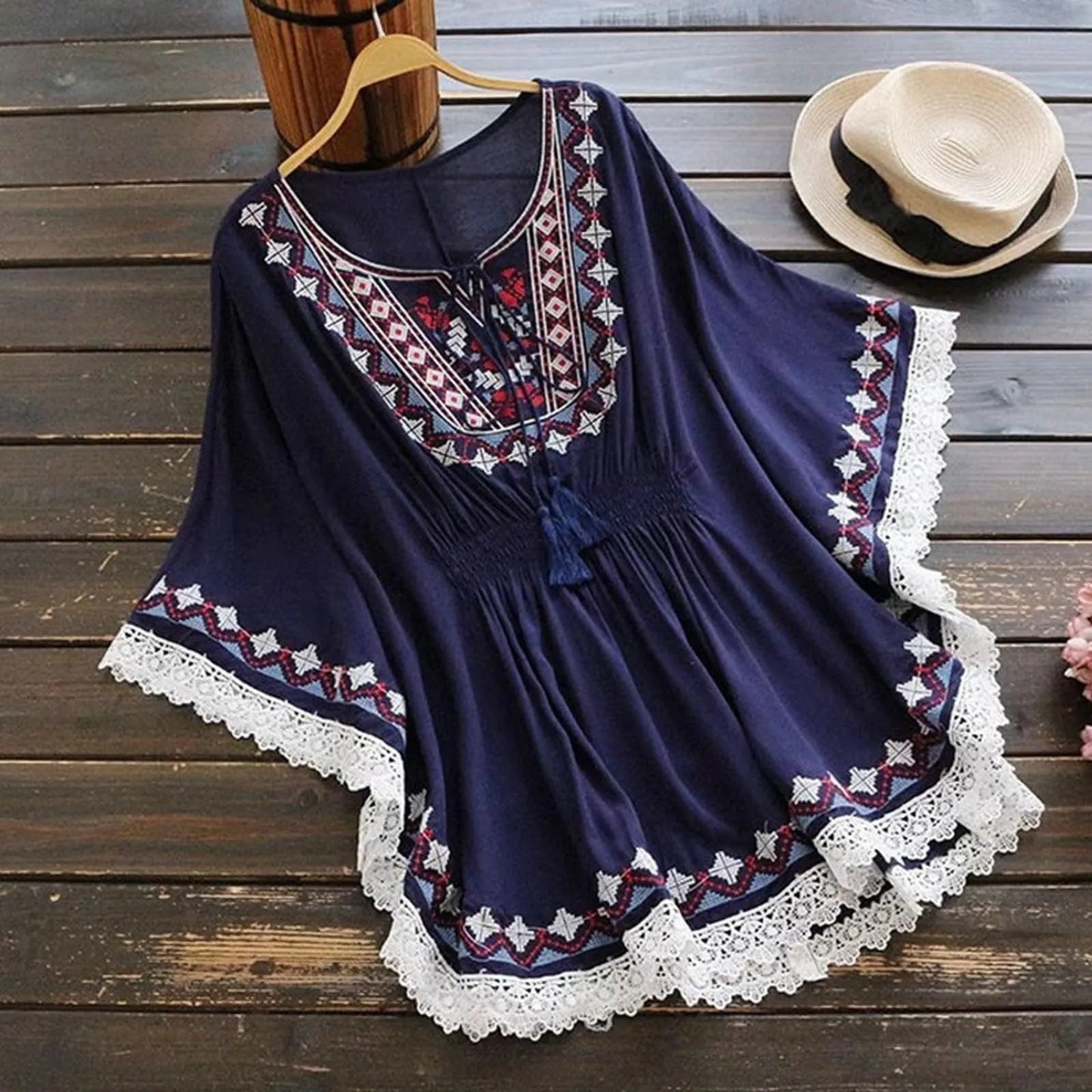 Women Shirts Summer Retro Boho Style Embroidery Blouses Cloak Top Loose Cotton Lace Hem Bat sleeve Kimono Shirt Blusa Feminina