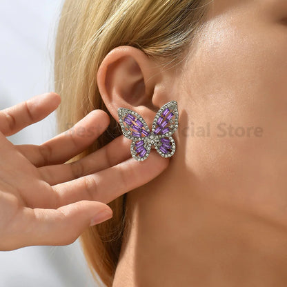 Elegant Design Butterfly Earrings Women Korean Fashion Colorful Crystal Ear Piercing Studs Cute Fairy Temperament Luxury Jewelry