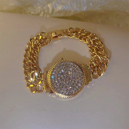 Luxurious High Quality Full of Rhinestone Clock Dial Bracelets For Women Shiny Crystal Gold Plated Bracelet Party Jewelry Gift