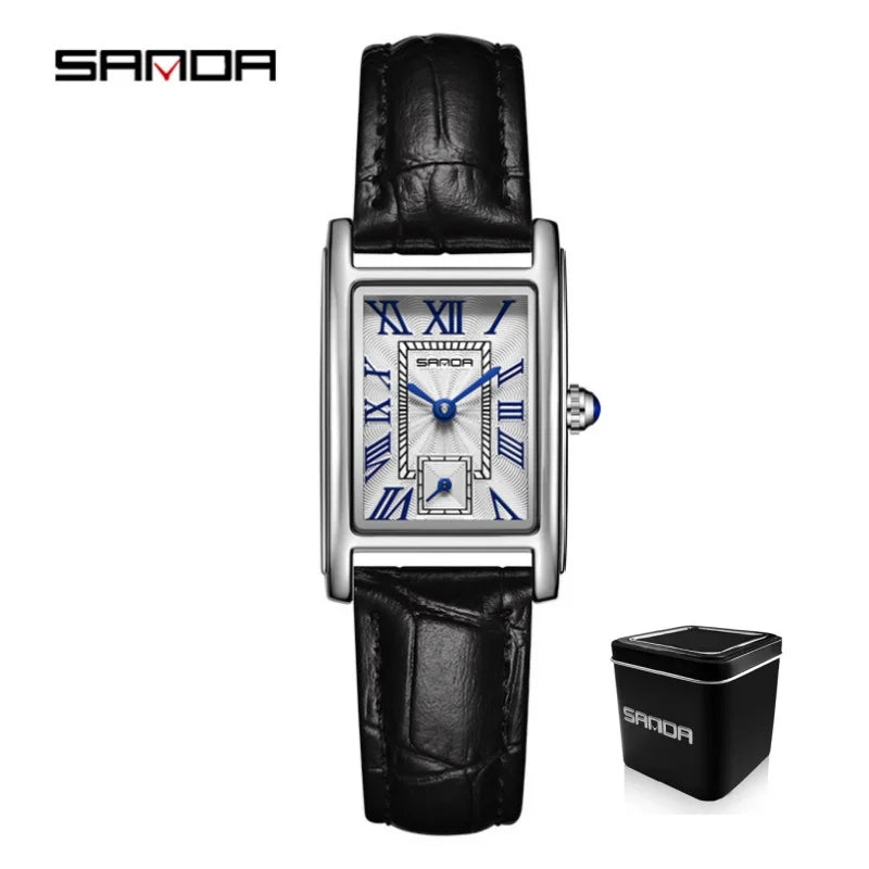 SANDA 1116 Quartz Watch Women Elegant Design Watches Rectangle Dial Waterproof Steel Leather Business Ladies Wristwatches Gift