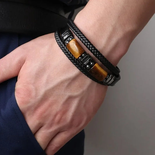 Tiger Eye Black Leather Bracelet