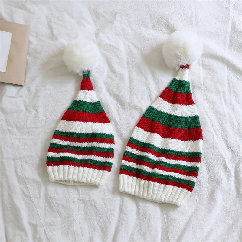 Suefunskry Christmas Knitting Hat Winter Warm Striped Beanie Cap Cold Weather Pom Hat for Kids and Adults