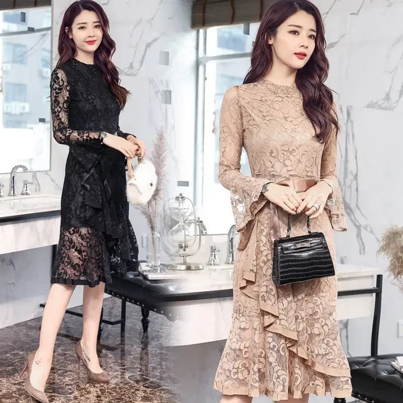 Spring Autumn 2025 Female Dress New In Lace Elegant and Pretty On Sale Clearance Beautiful Features Women's Long Sleeve Dresses