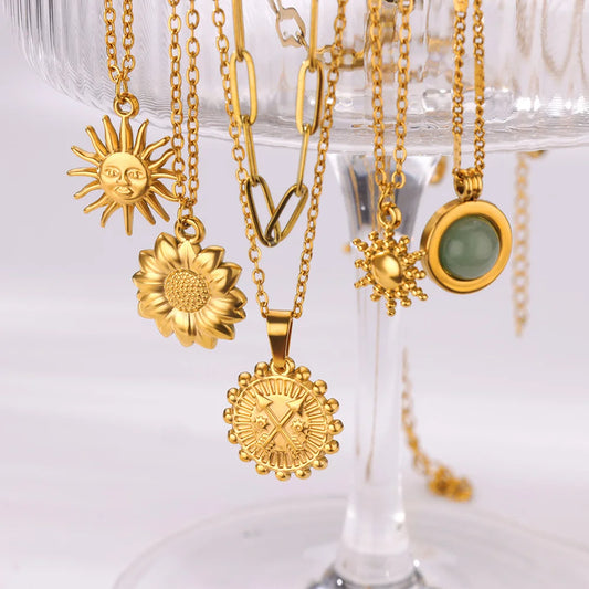 Vintage Sun Sunflower Stone Pendant Necklaces for Women Stainless Steel Gold Color Chain Collar Necklcae Fashion Wedding Jewelry