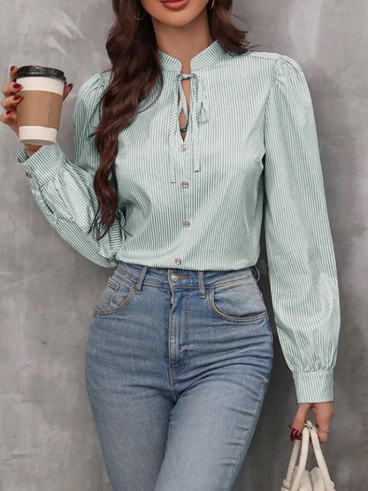 Women V-Neck Button Down Long Sleeve Top Solid Color Striped Shirt Office Lady Work Clothes