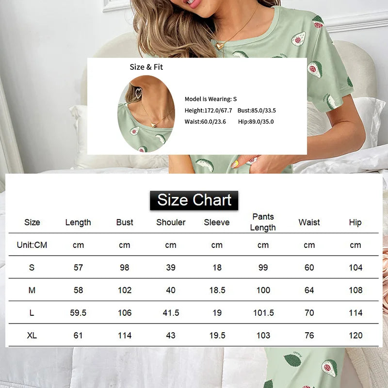 Womens Pajamas Sleepwear Set Soft Comfortable Short Sleeve Tops With Long Pants Pajama 2 Pieces Lingerie Women Home Clothes Suit