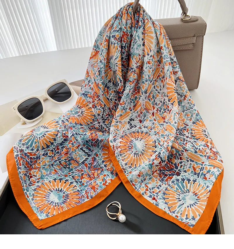 2023 Women Multifunction Polyester Silk Scarf Retro Florals Printed Casual Satin Small Square Wraps Head Neck Scarves hijab 70cm