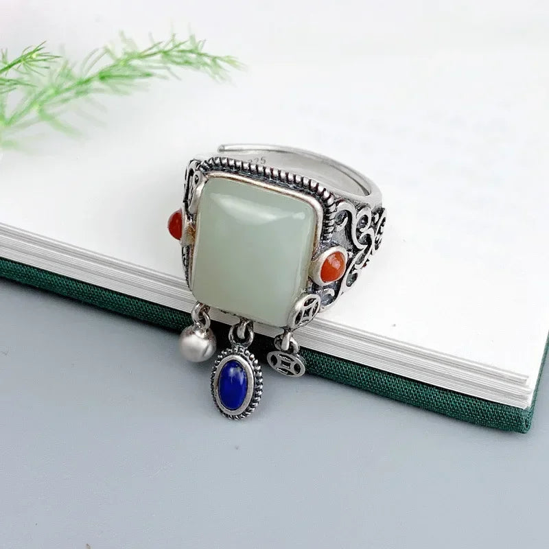 Vintage natural Hotan jade green rings for women 925 silver National style tassels lapis lazuli ring classic geometry jewelry