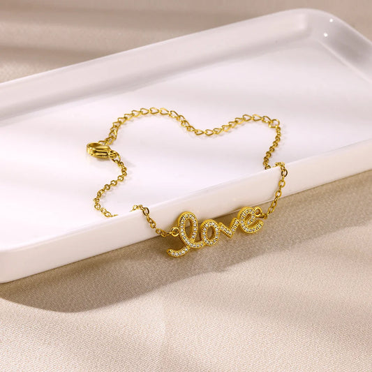 Zircon LOVE Letter Bracelets For Women Stainless Steel Gold Color Cute Pendant Bracelet 2024 New Wedding Christmas Jewelry Gift