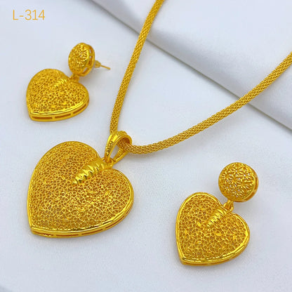 Dubai Indian African Heart Necklace Earrings Jewelry Set For Women 24K Gold Plated Nigeria Bridal Wedding Party Gift Jewellery