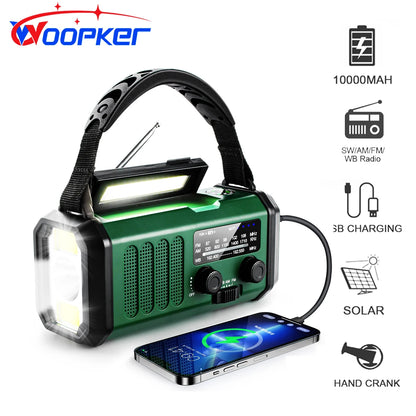 Woopker Radio E30 10000mAh FM Emergency Radio Solar Hand Crank Generator AM/FM/NOAA LED Portable Radio SOS Alarm Power Bank