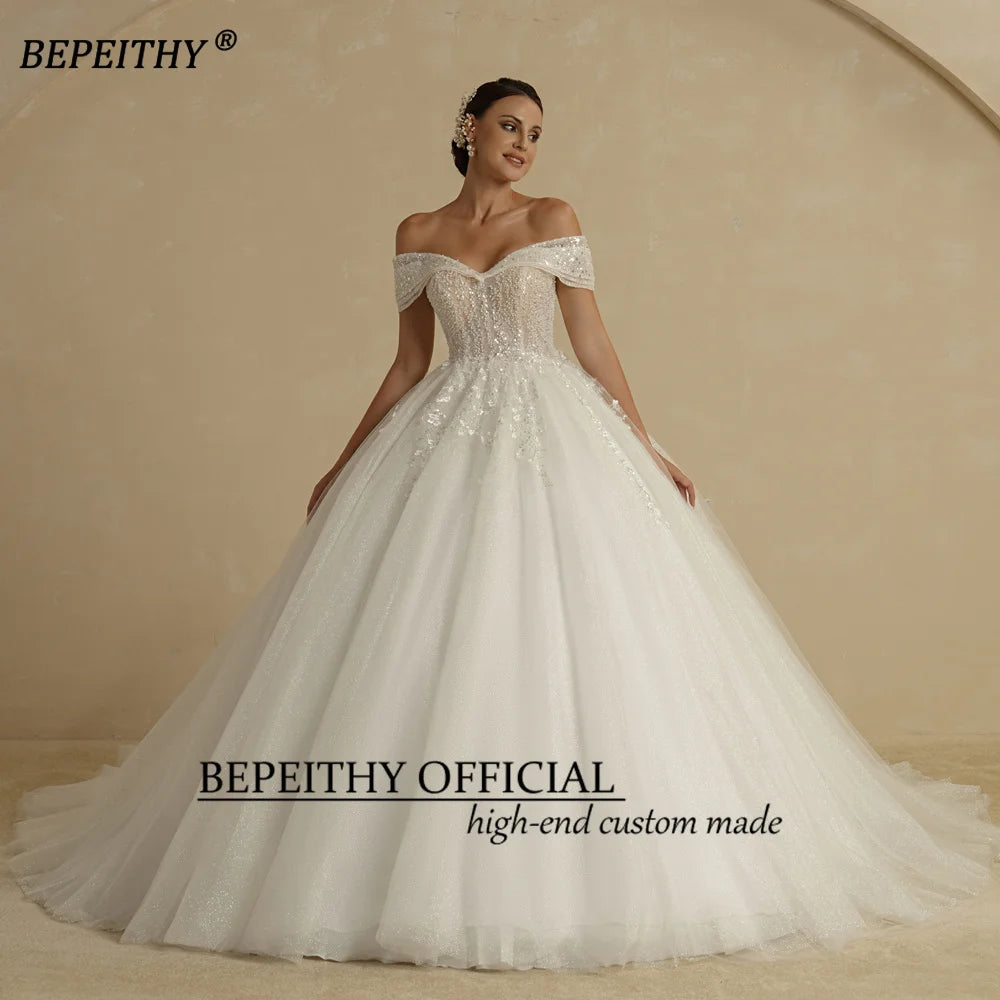 BEPEITHY Customized Beading Princess Wedding Dresses 2024 For Bride Off Shoulder Sleeveless Women Glitter Ball Bridal Gown