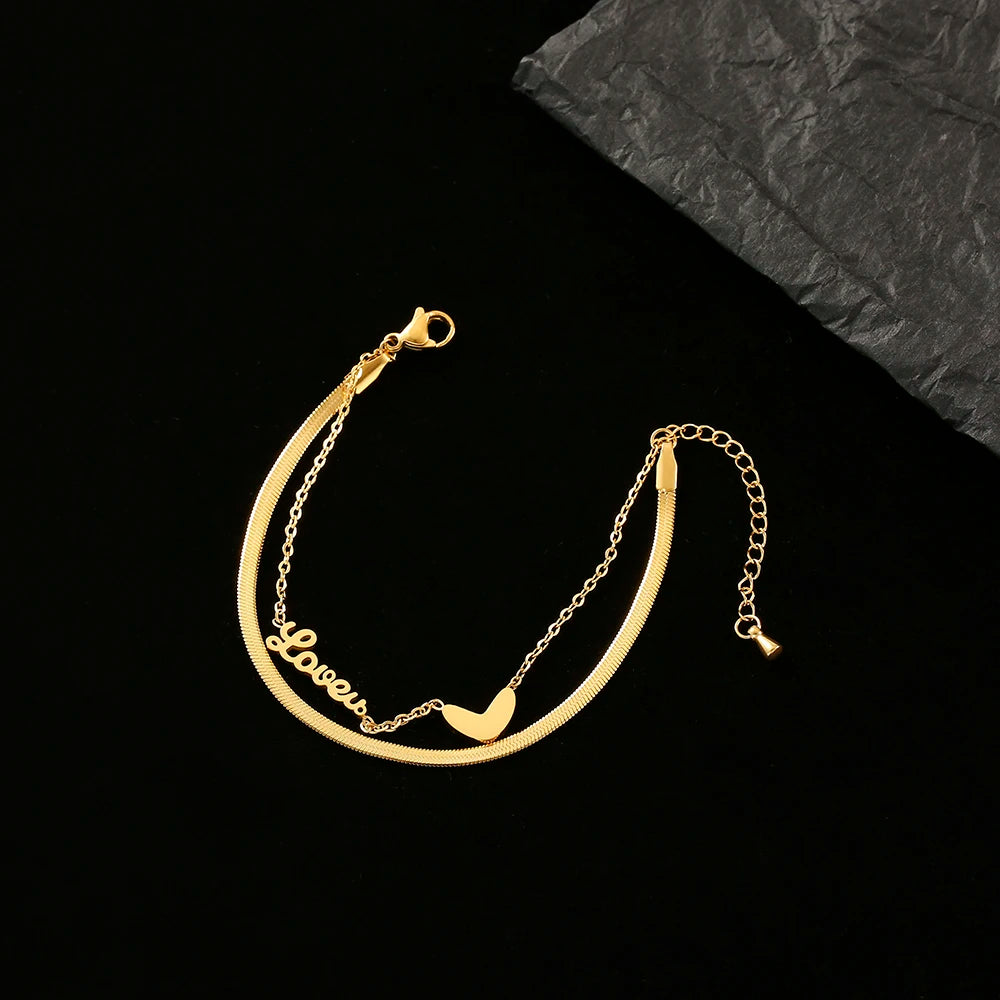 Luxury Famous Brand Jewelry Double Heart Letter LOVE Anklet Women Gold Color Stainless Steel Ladies Jewelry Not Fade