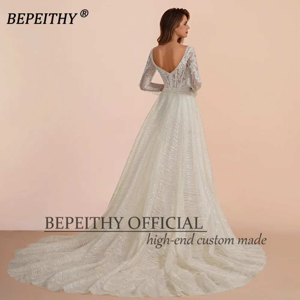 BEPEITHY Customized Lace Evening Dress Formal Occassion With Full Sleeves For Women Square Court Train Party Gown 2023 Hot Sale