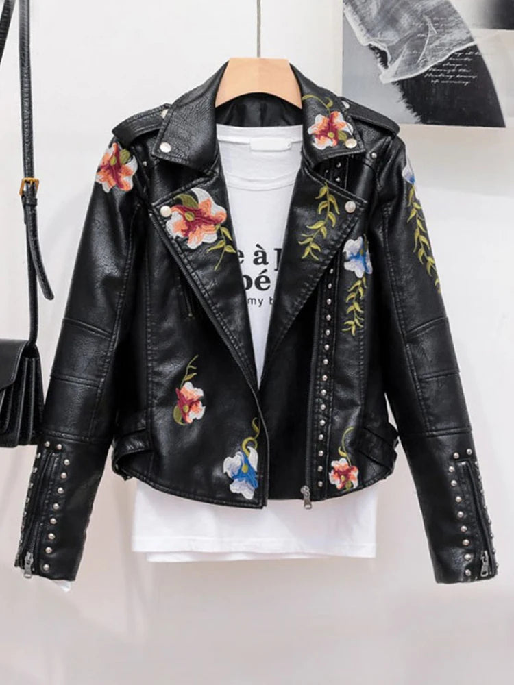 Ailegogo Women Vintage Floral Print Embroidery Pu Faux Leather Jacket Spring Autumn Female Zipper Punk Moto Biker Coat Outwear