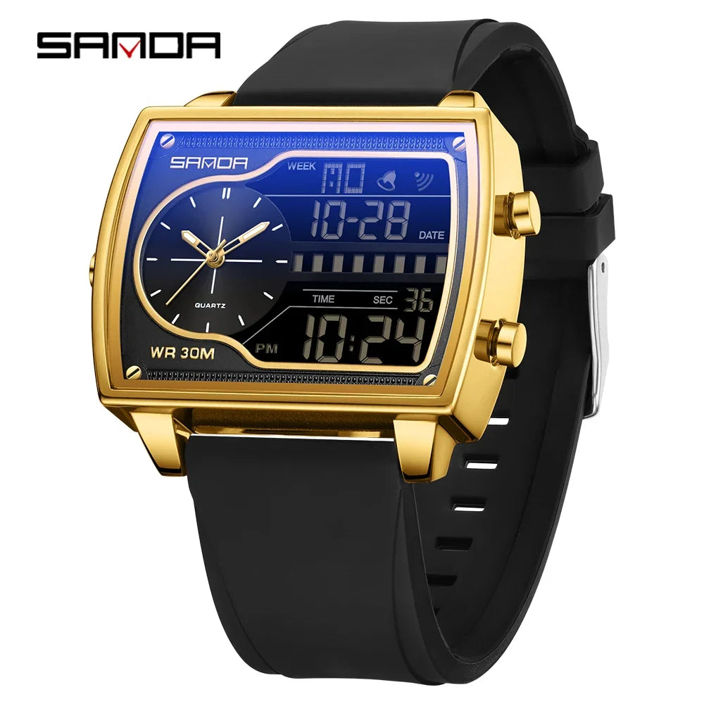 SANDA 6163 Fashion Trend Men's Quartz Watch Fashion Square Watch Countdown Sports Waterproof Dual Display Digital Men's Watches