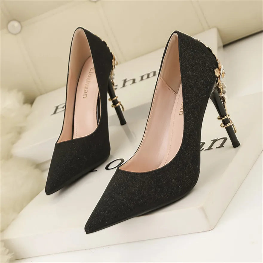 Light Luxury Sexy Women Dress Shoes 2024 Autumn Metal Flower Fashion High Heel Wedding White Pointed Sequins Shiny Female Pumps