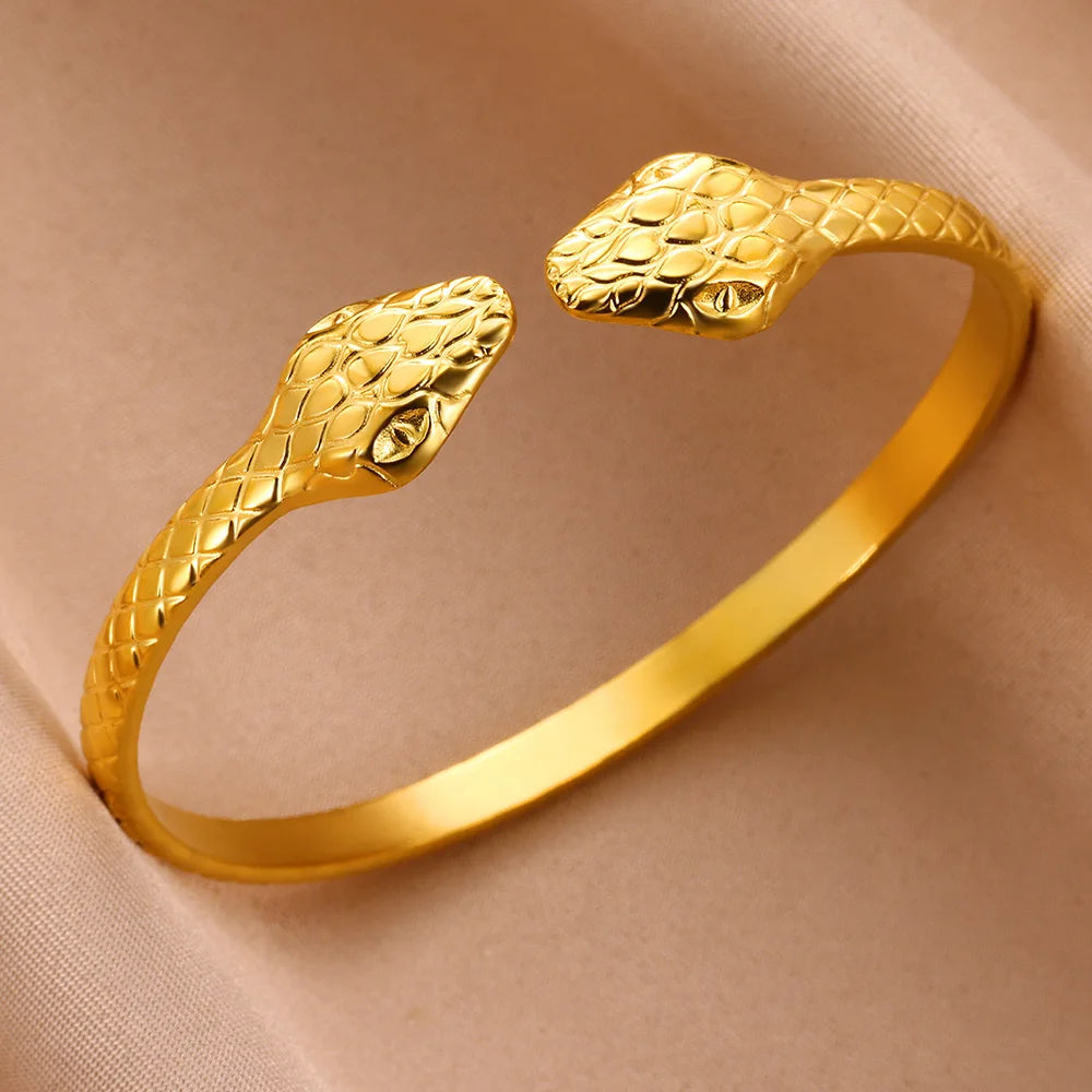 Punk Snake Cuff Bracelet on Hand For Women Stainless Steel Gold Color Adjustable Open Bangle 2024 New Party Jewelry Gift