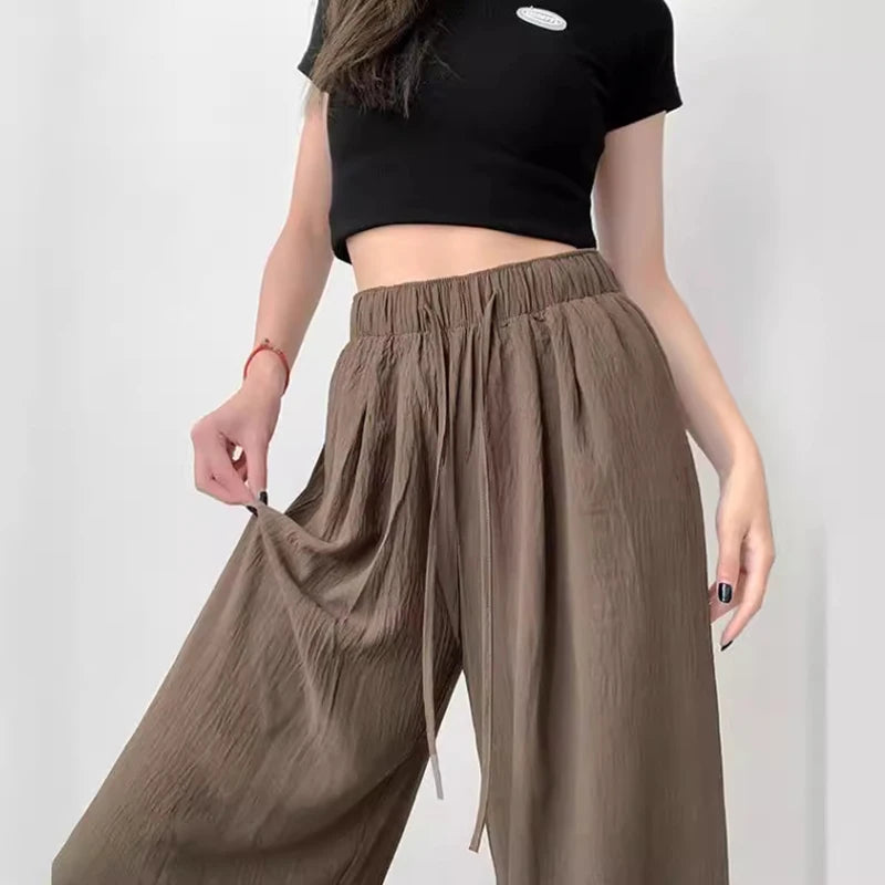 Summer Women's New Fashion Thin Japanese Ice Silk Wide-Leg Pants High-Waisted Straight Draped Anti-Wrinkle Casual Pants