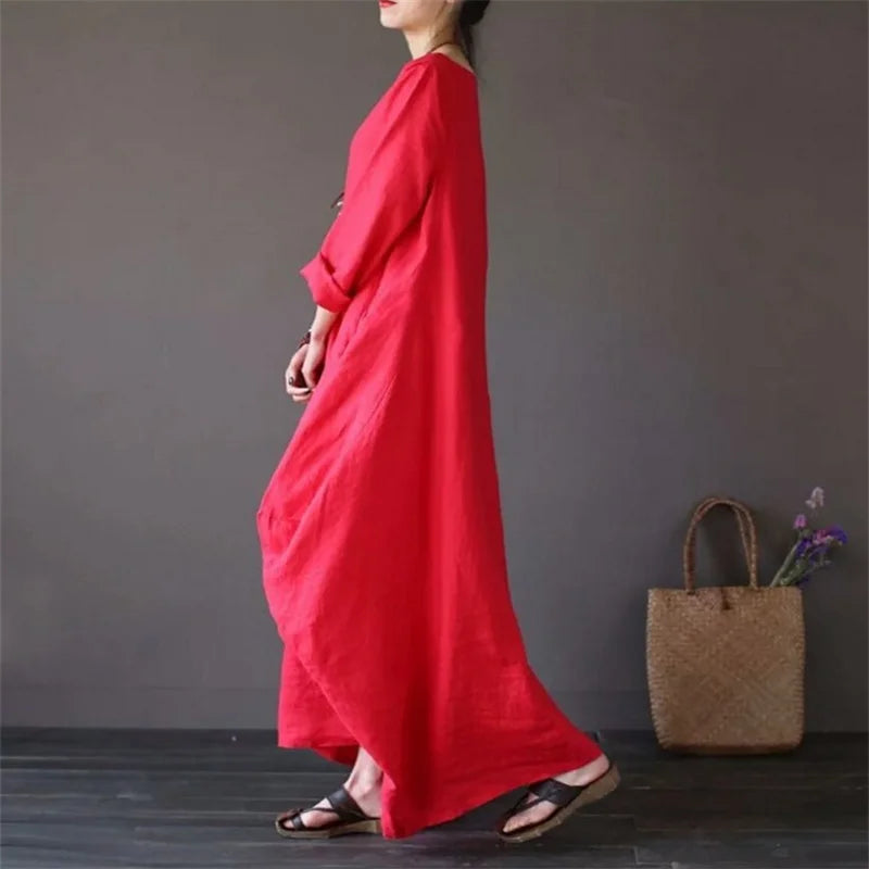 New Loose Size  Mid-Sleeve Cotton And Linen Long Dress