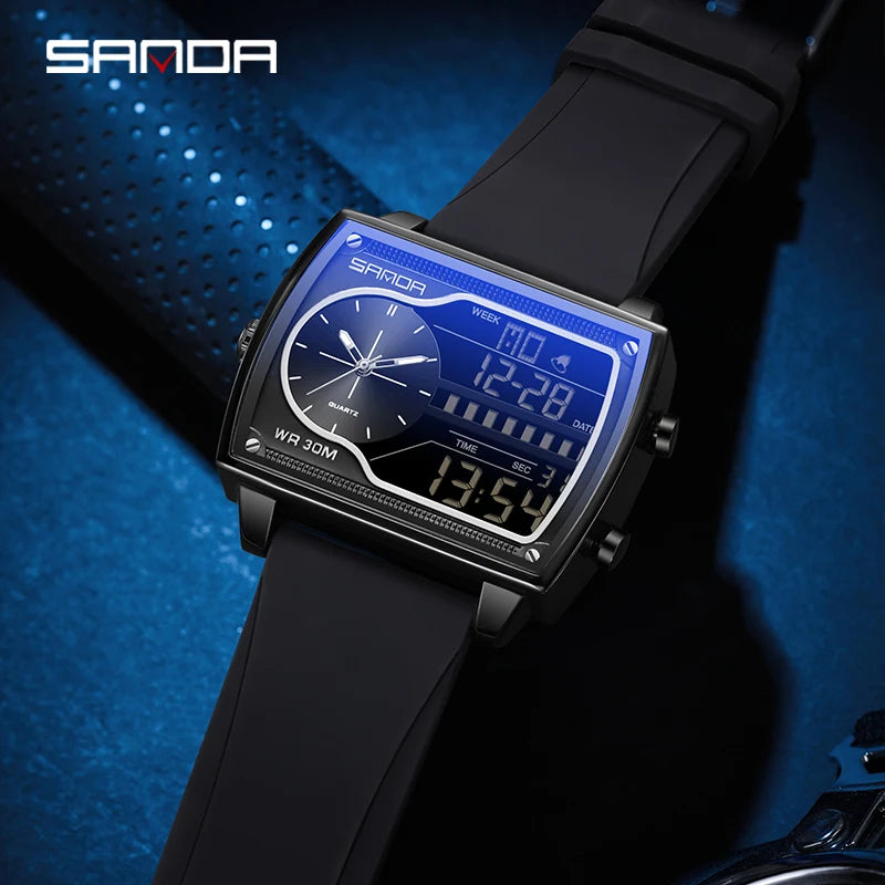 SANDA Top Brand Luxury Men Quartz Watch Fashion Square Watch Men Countdown Sports Waterproof Double Display LED Digital Watch