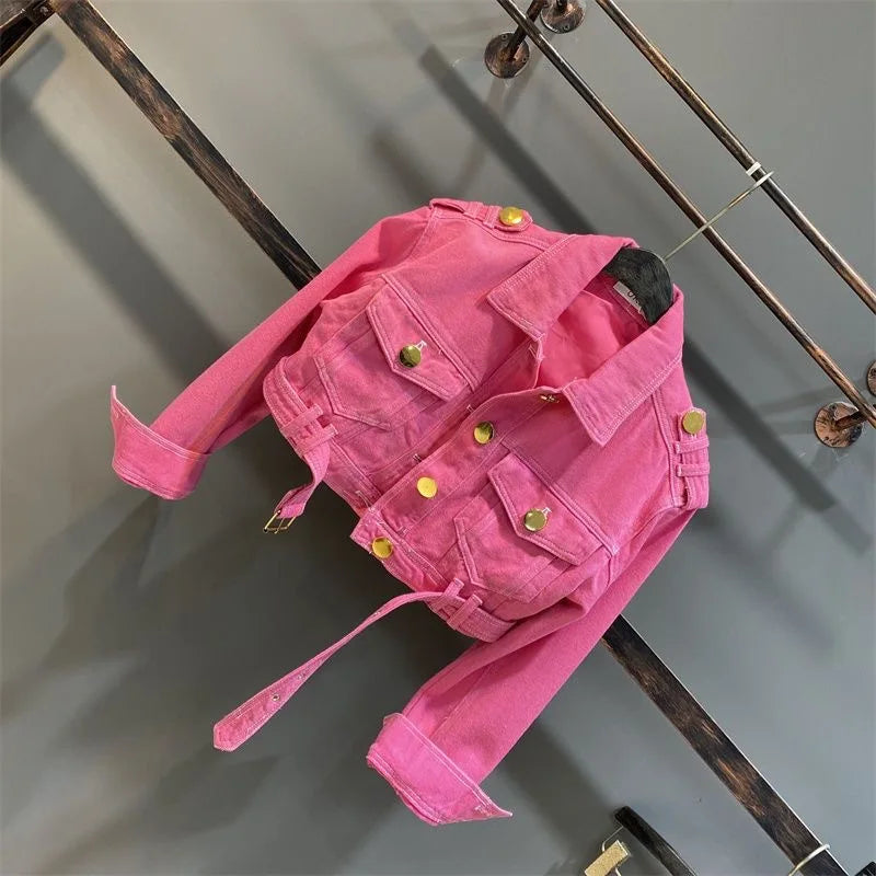 2-15 pink kids baby girls Jean jacket autumn solid color lapel metal button children fashion teenages girl short coat clothes