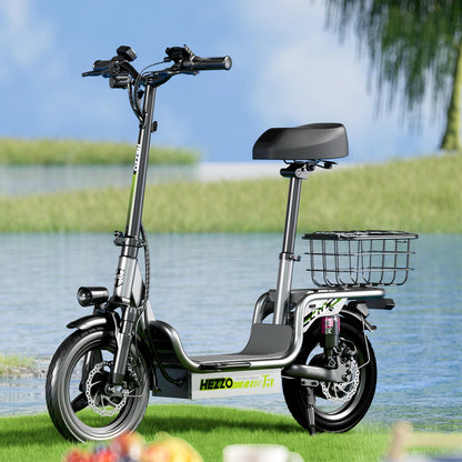 HEZZO Electric Scooter w/ Seat & Basket 48V 15Ah 500W Powerful Motor Foldable E-Scooter Ample Storage Up to 20Mph 25Miles Range