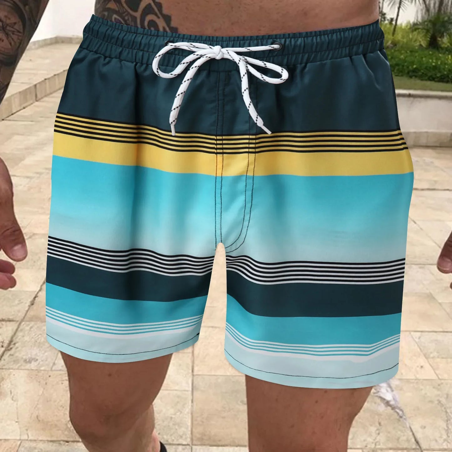 Men's board shorts Fashion striped print color contrast Swim shorts Classic drawstring swim shorts Summer surf swim suit